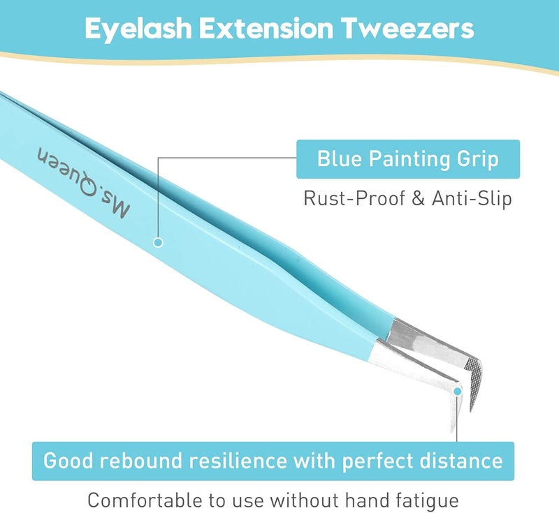 Ms.Queen Eyelash Extension Tweezers Set - Fiber Tip Isolation & 90 Degree Mega Volume Tweezers, Blue - Image 4