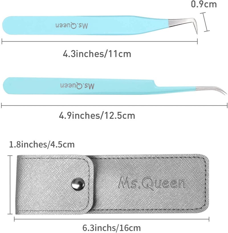 Ms.Queen Eyelash Extension Tweezers Set - Fiber Tip Isolation & 90 Degree Mega Volume Tweezers, Blue - Image 5