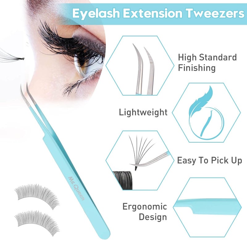 Ms.Queen Eyelash Extension Tweezers Set - Fiber Tip Isolation & 90 Degree Mega Volume Tweezers, Blue - Image 3