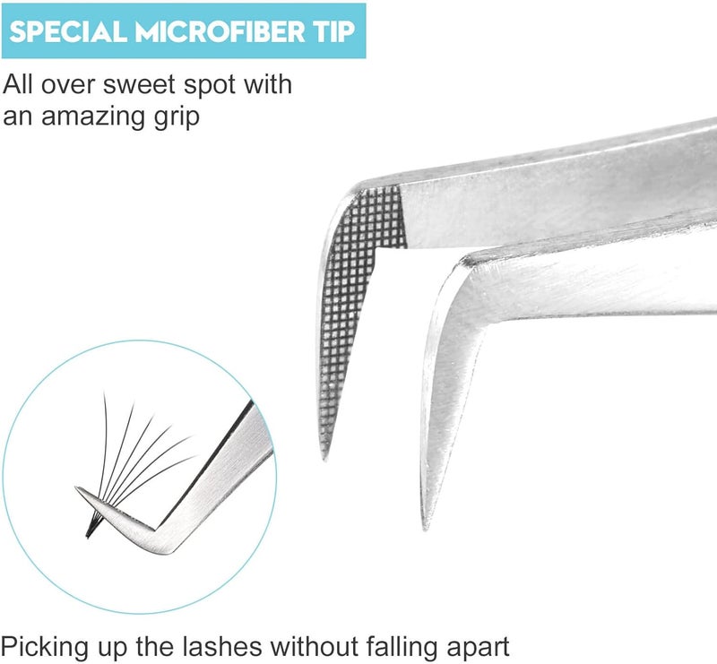 Ms.Queen Eyelash Extension Tweezers Set - Fiber Tip Isolation & 90 Degree Mega Volume Tweezers, Blue - Image 2