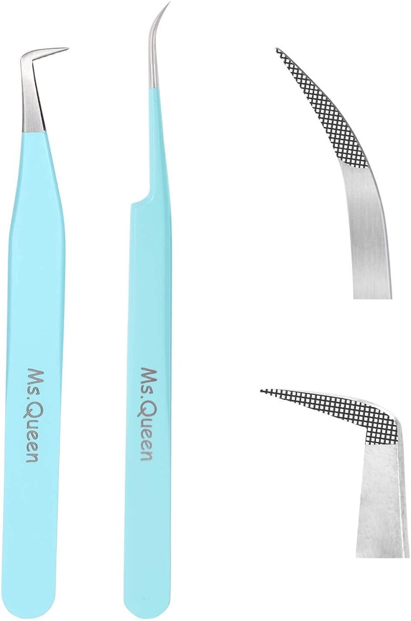 Ms.Queen Eyelash Extension Tweezers Set - Fiber Tip Isolation & 90 Degree Mega Volume Tweezers, Blue - Image 1