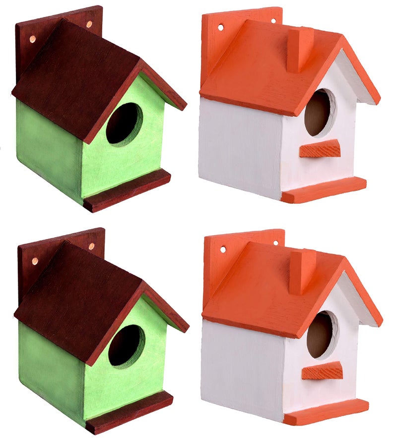 Cket Bird House Combo Offer Nest Box Breeding House for Small Birds Eco Friendly Wooden for Garden Balcony Hanging Orange & Green (Pack of 4) - Image 1