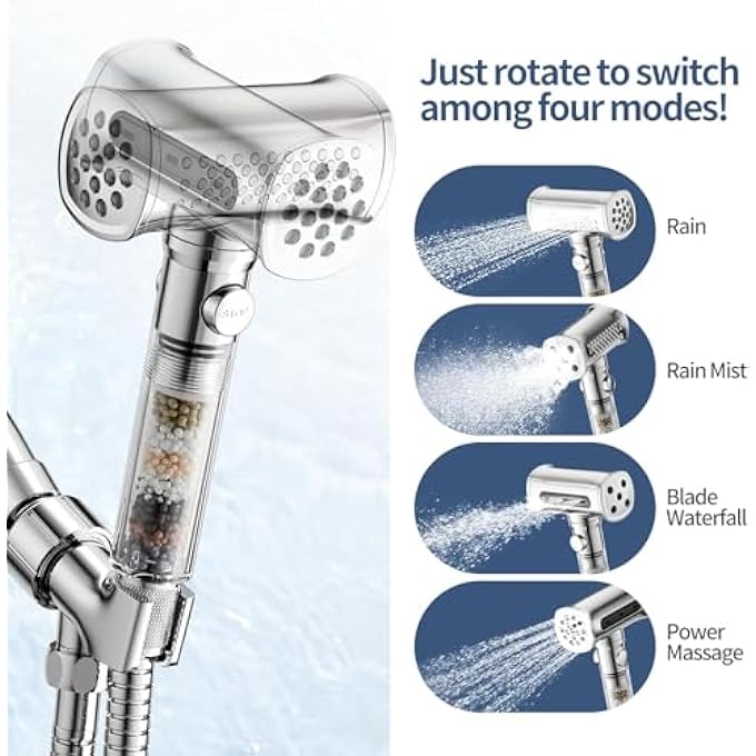High Pressure Filtered Shower Head with Handheld  4 Spray Settings Detachable Hand Held Showerhead Rain Shower Head with Hose Extra Filter Cartridge AntiClog Nozzles Chrome Finish - Image 4
