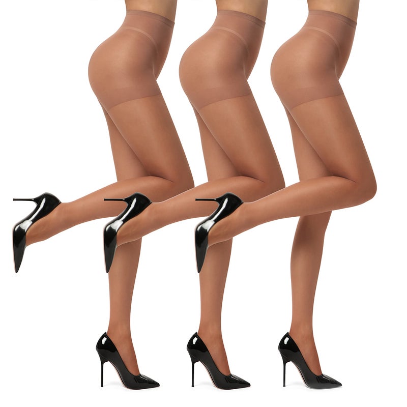 EVERSWE 3 Pairs Women's Sheer Pantyhose 20D, High Waist Control Top Pantyhose Hosiery (Brown, S) - Image 1