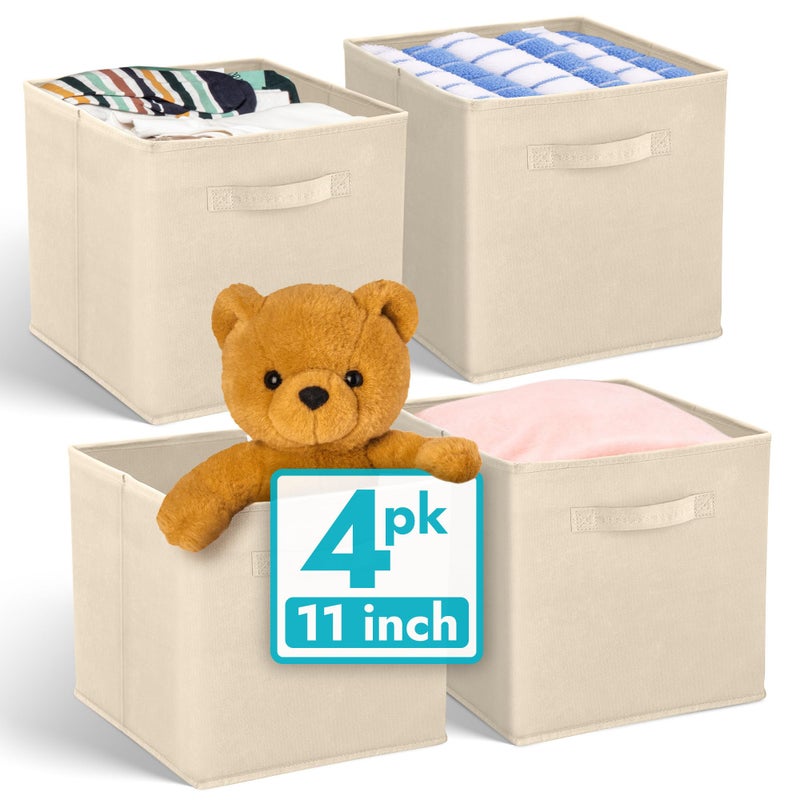 Reli. 11 Inch Cube Storage Bins (4 Pack) | Cube Organizer Bins | 11x11 Fabric Storage Boxes | Collapsible, Foldable Fabric Cubby Box (Square) | Kids Room Organization (Beige) - Image 1