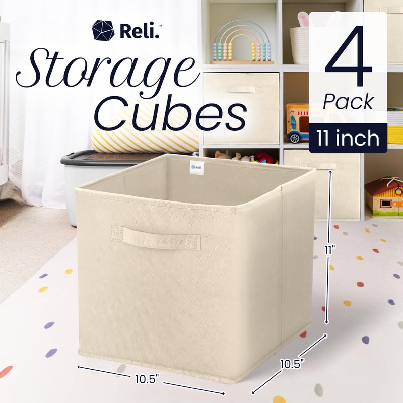 Reli. 11 Inch Cube Storage Bins (4 Pack) | Cube Organizer Bins | 11x11 Fabric Storage Boxes | Collapsible, Foldable Fabric Cubby Box (Square) | Kids Room Organization (Beige) - Image 2
