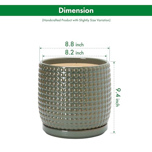 D'vine Dev 8 Inch Ceramic Beaded Stoneware Planter Pot - Flower Pot with Drainage Holes and Saucers for Indoor Succulent Plants or Flowers, Olive, 27-C-Q-0 - Image 3