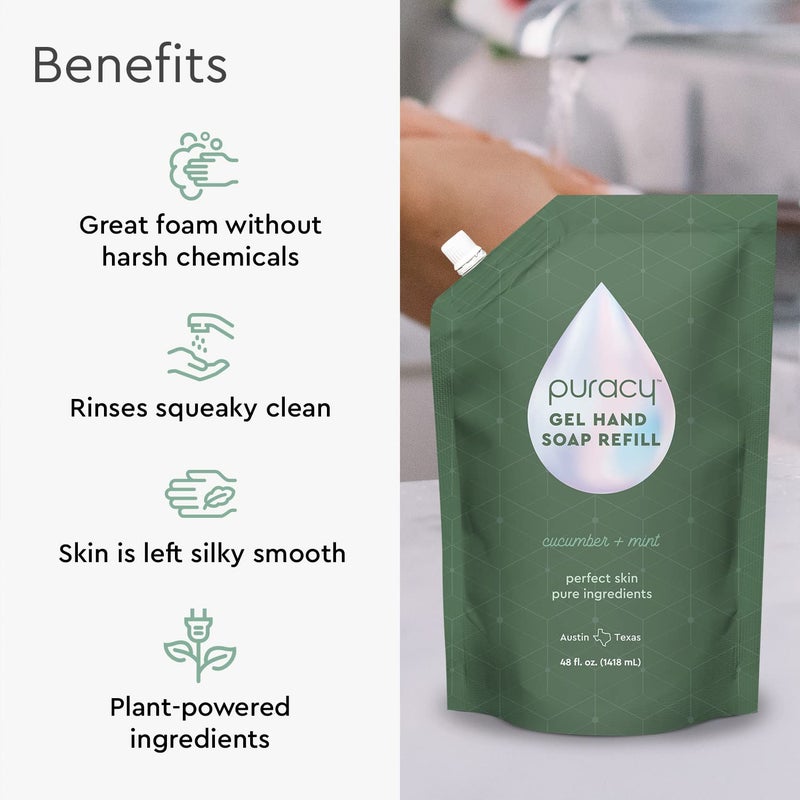 Puracy Organic Hand Soap, For the Professional Hand Washers We've All Become, Moisturizing Natural Gel Hand Wash Soap, Liquid Hand Soap Refills for Soft Skin (48 fl.oz, Cucumber & Mint) Refill - Image 3