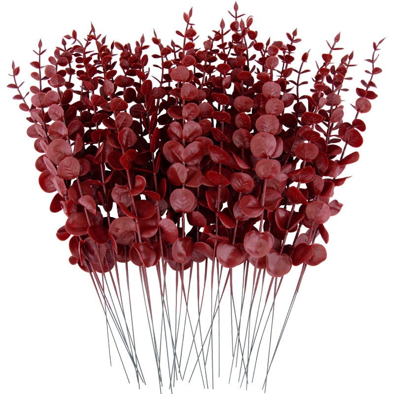 FEQO 36 Pcs Red Eucalyptus Stems Artificial Leaves Faux Eucalyptus Stems Branches 15 inch for Wedding Bouquet Home Decor