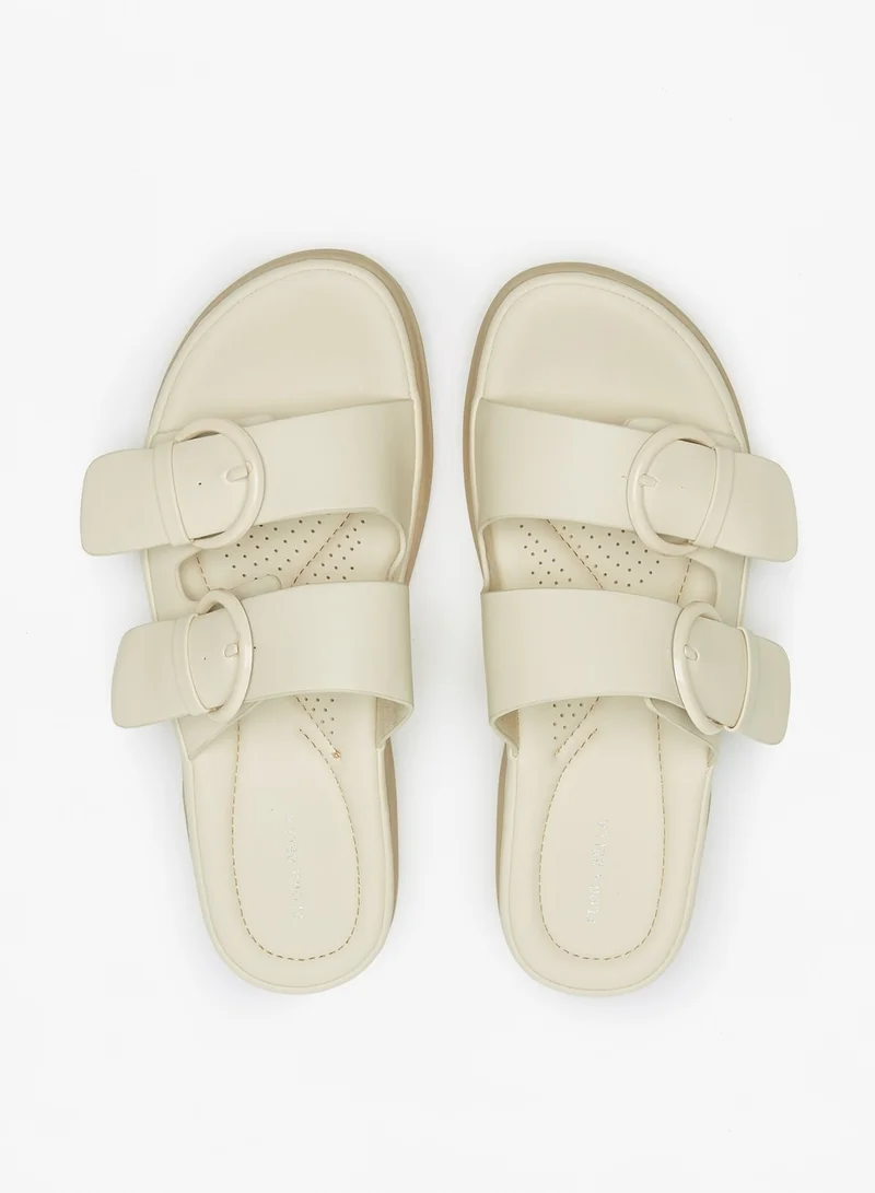 Flora Bella By Shoexpress Womens Solid Slip-On Strap Sandals with Buckle Accent