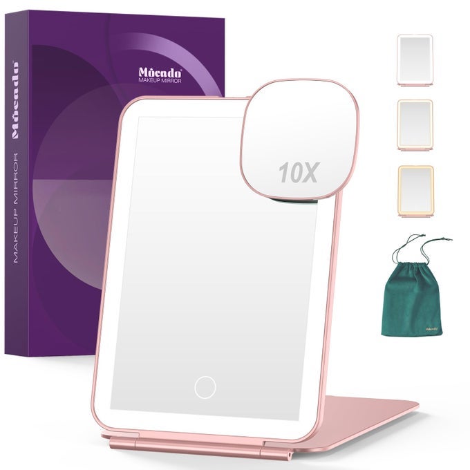 LED FOLDABLE TRAVEL MAKEUP MIRROR 5X7 INCHES 3 COLORS LIGHT MODES USB RECHARGEABLE TOUCH SCREEN PORTABLE TABLETOP COSMETIC FOR TRAVEL COSMETIC OFFICE ROSE GOLD