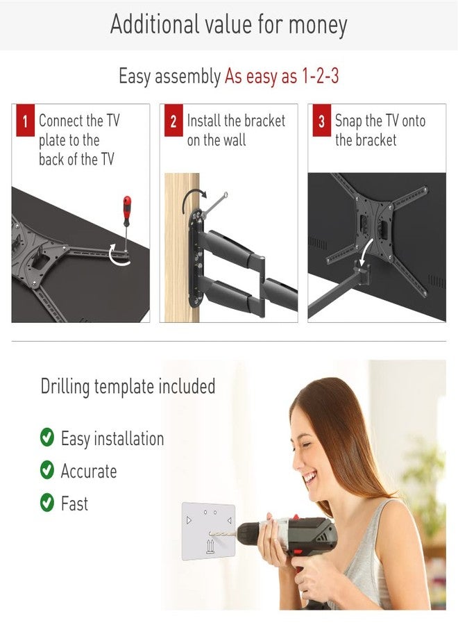 Barkan 26" / 66cm Long TV Wall Mount, 13-83 inch Full Motion Articulating - 4 Movement Premium Flat/Curved Screen Bracket, Holds up to 95lbs, Extremely Extendable, Fits LED OLED LCD - Image 4