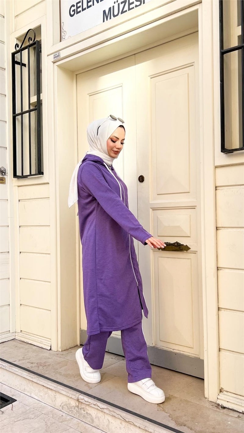 Bwest Zippered Hooded Long Tunic Pants Double Hijab Tracksuit Set - 03077 - Dark Lilac - Image 5