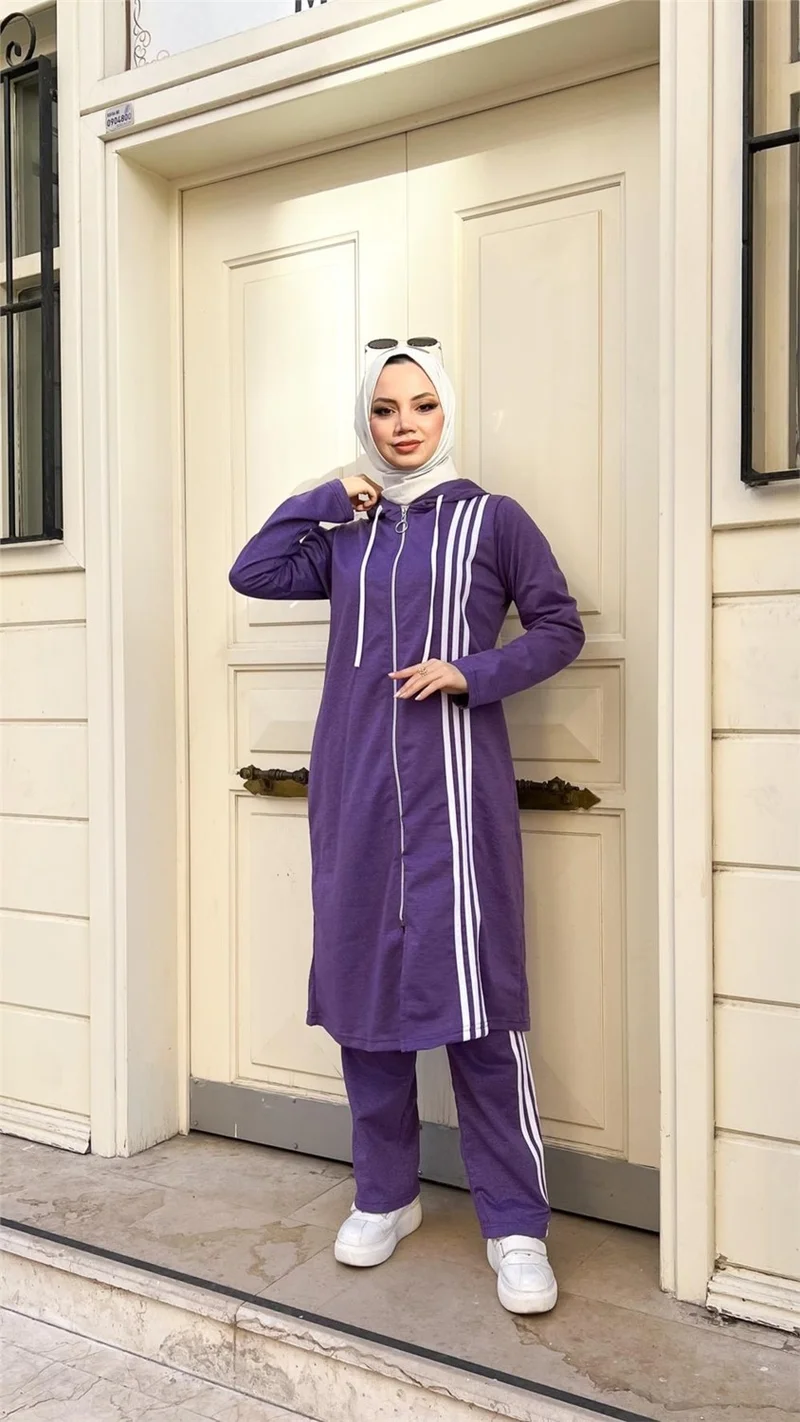 Bwest Zippered Hooded Long Tunic Pants Double Hijab Tracksuit Set - 03077 - Dark Lilac