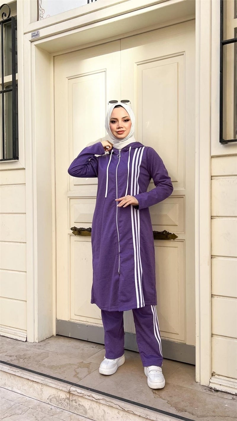 Bwest Zippered Hooded Long Tunic Pants Double Hijab Tracksuit Set - 03077 - Dark Lilac - Image 1