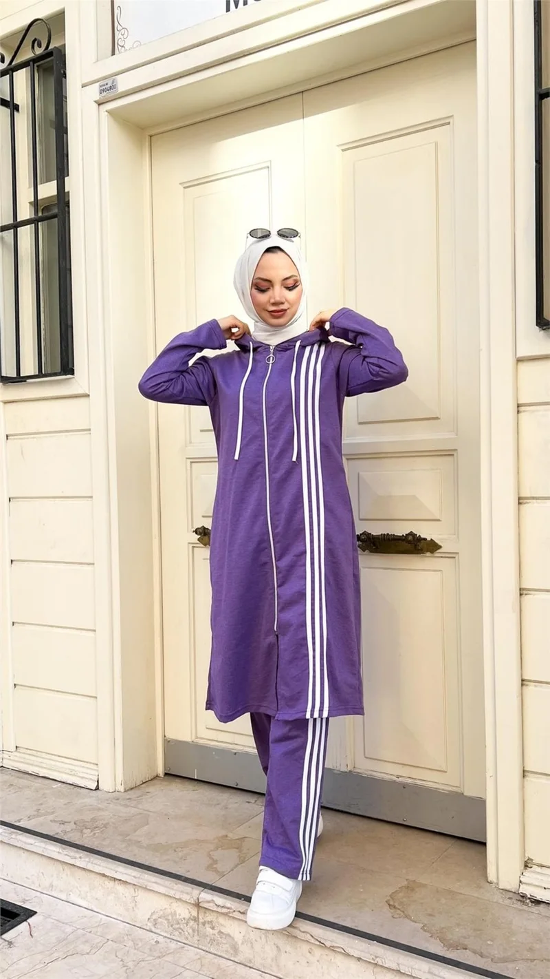 Bwest Zippered Hooded Long Tunic Pants Double Hijab Tracksuit Set - 03077 - Dark Lilac