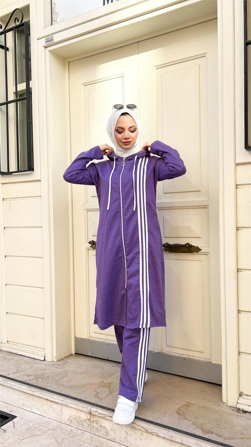 Bwest Zippered Hooded Long Tunic Pants Double Hijab Tracksuit Set - 03077 - Dark Lilac - Image 2