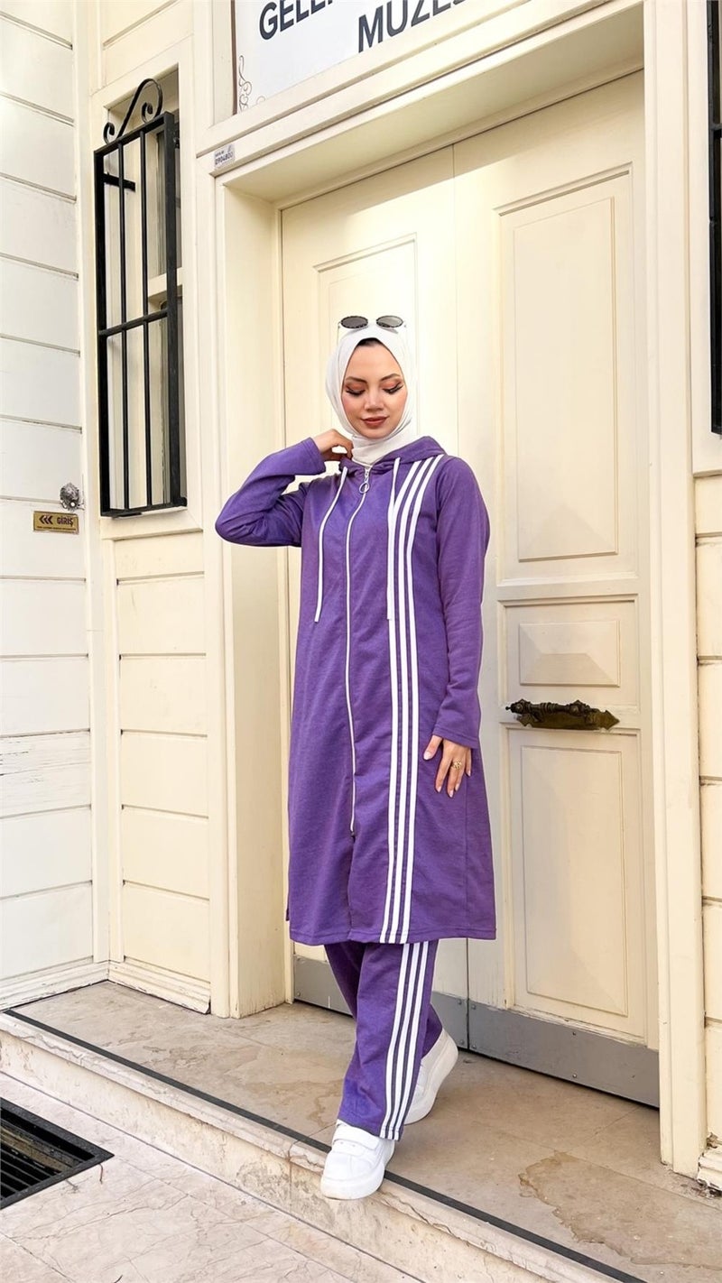 Bwest Zippered Hooded Long Tunic Pants Double Hijab Tracksuit Set - 03077 - Dark Lilac - Image 3