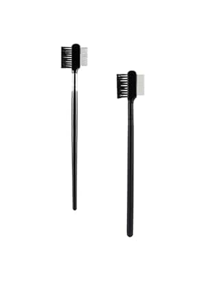 2 Pcs Dual Ended Eyebrow Brush And Eyelash Comb Set Makeup Tool Black Silver For Precise Brow Shaping Eyelash Grooming - Image 1