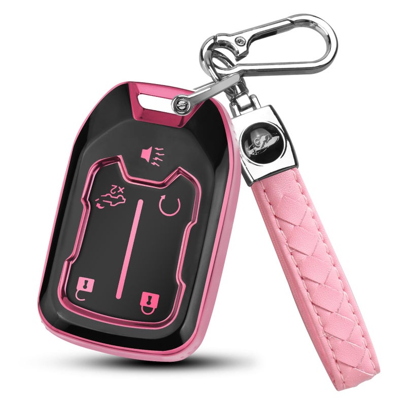 FT FUNTOR 5 Buttons Key Fob Cover with Leather Keychain for GMC Premium TPU Case for Acadia Tahoe Terrain Sierra Silverado 2500HD 3500HD Pink - Image 3