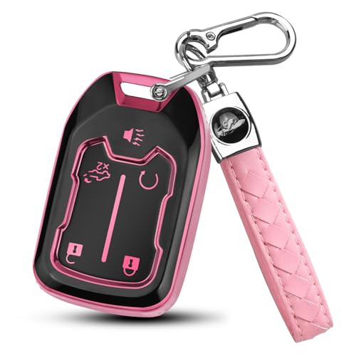FT FUNTOR 5 Buttons Key Fob Cover with Leather Keychain for GMC Premium TPU Case for Acadia Tahoe Terrain Sierra Silverado 2500HD 3500HD Pink - Image 1