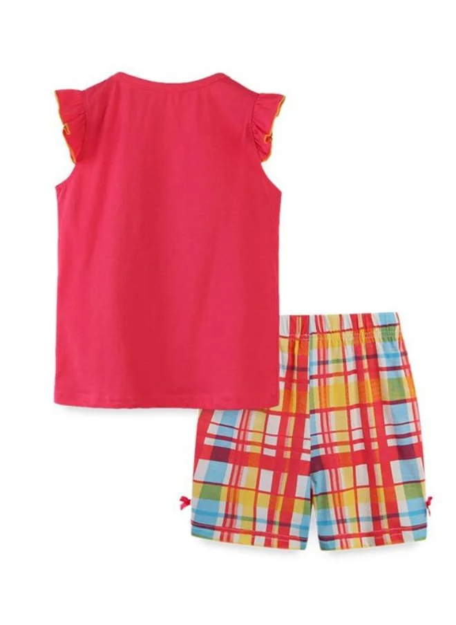 YUNIQEE Red Crew Neck Cap Sleeve Printed Tshirt & Shorts