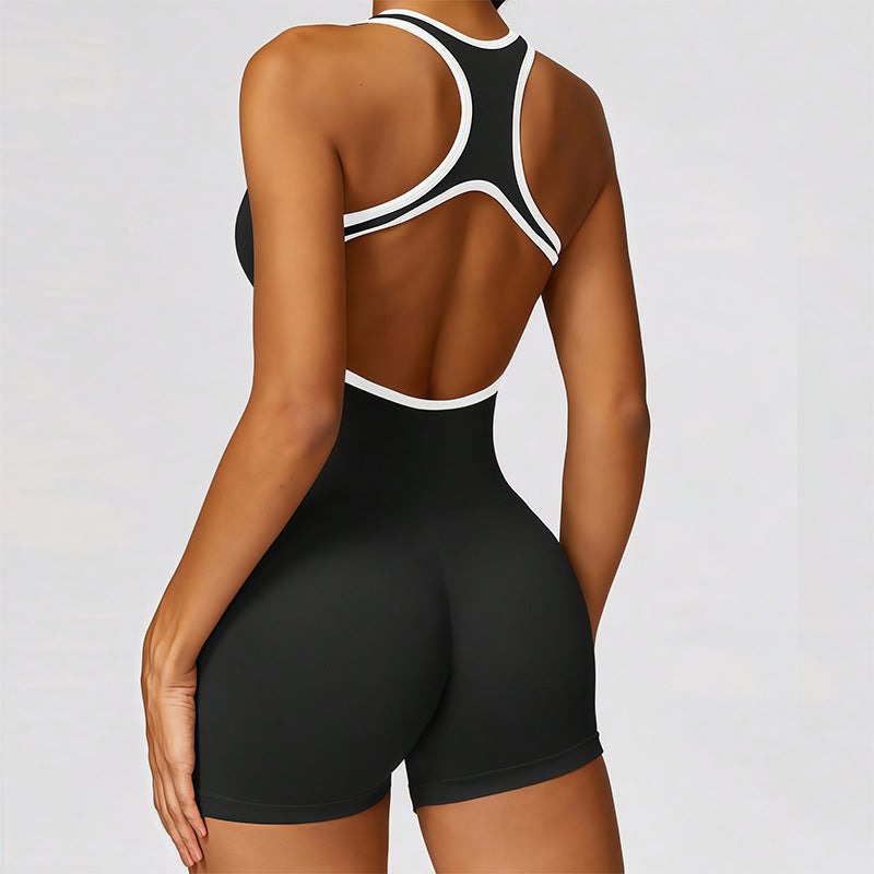 Generic Cross-Border Seamless Yoga Jumpsuit for Women European and American Backless Butt-Lifting Shorts All-In-One Sports Yoga Clothing Ink black (contrast color with chest pad)
