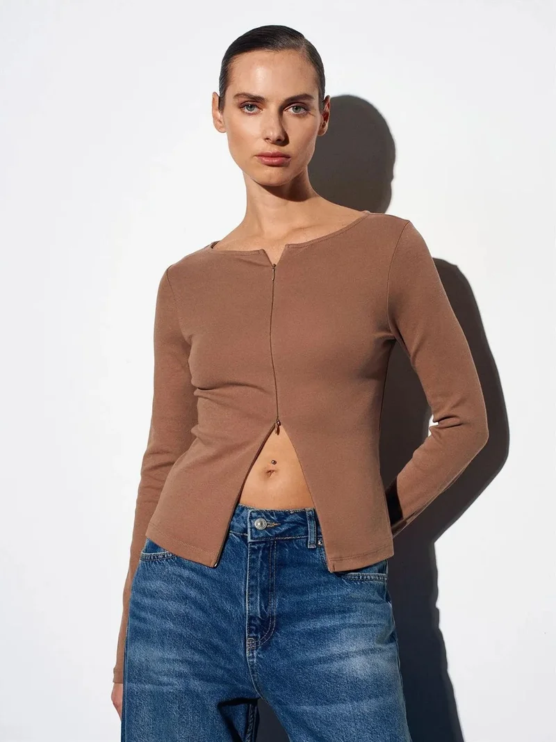 ديلفين Dilvin Slim Fit Cotton Blend Zipper Blouse