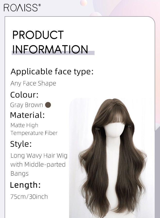 roaiss Long Wavy Gray Brown Hair Wig, Women's Middle Parting Natural Soft Synthetic Heat Resistant Hair Wig for Wedding Cosplay Party Daily Use, 75cm (30 inches) - Image 2