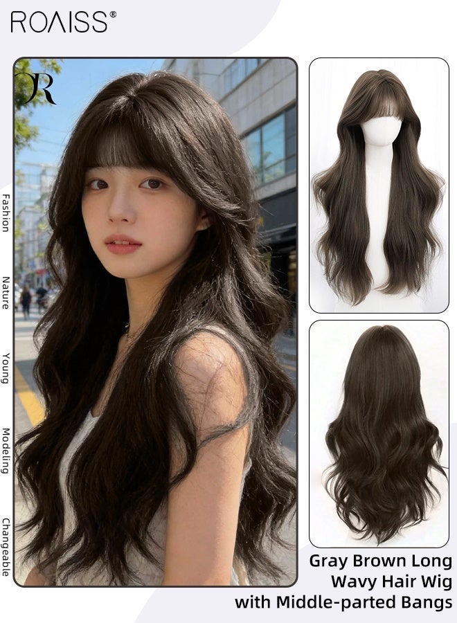 roaiss Long Wavy Gray Brown Hair Wig, Women's Middle Parting Natural Soft Synthetic Heat Resistant Hair Wig for Wedding Cosplay Party Daily Use, 75cm (30 inches) - Image 1