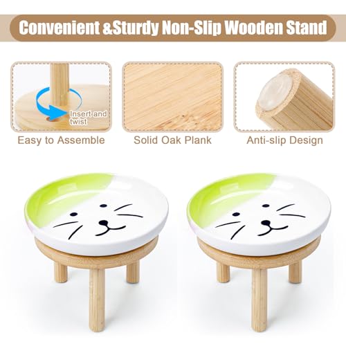 Lfpkixise Shallow Elevated Cat Bowls with Bamboo Stand, 5.9 Inch Wide Ceramic Cat Dish Whisker Friendly, 2 Pack Pet Food and Water Plates - Image 3