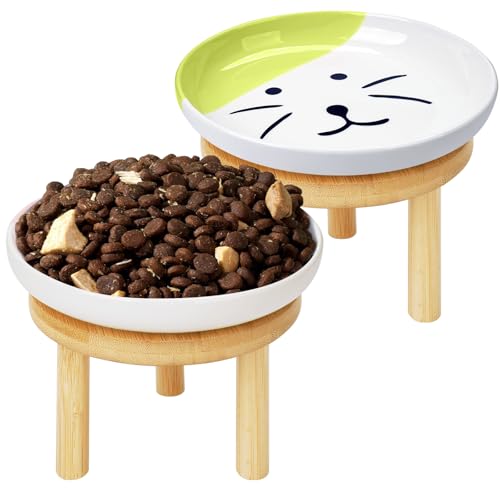 Lfpkixise Shallow Elevated Cat Bowls with Bamboo Stand, 5.9 Inch Wide Ceramic Cat Dish Whisker Friendly, 2 Pack Pet Food and Water Plates - Image 1