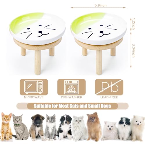 Lfpkixise Shallow Elevated Cat Bowls with Bamboo Stand, 5.9 Inch Wide Ceramic Cat Dish Whisker Friendly, 2 Pack Pet Food and Water Plates - Image 2