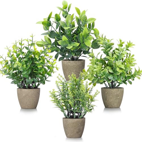 FAVOWREATH 4 Pack Fake Plants Ceramic Mini Artificial Greenery Potted Plants for Home Decor Office Decor Room Decor Farmhouse Decor Indoor Table Bathroom Decor - Image 1