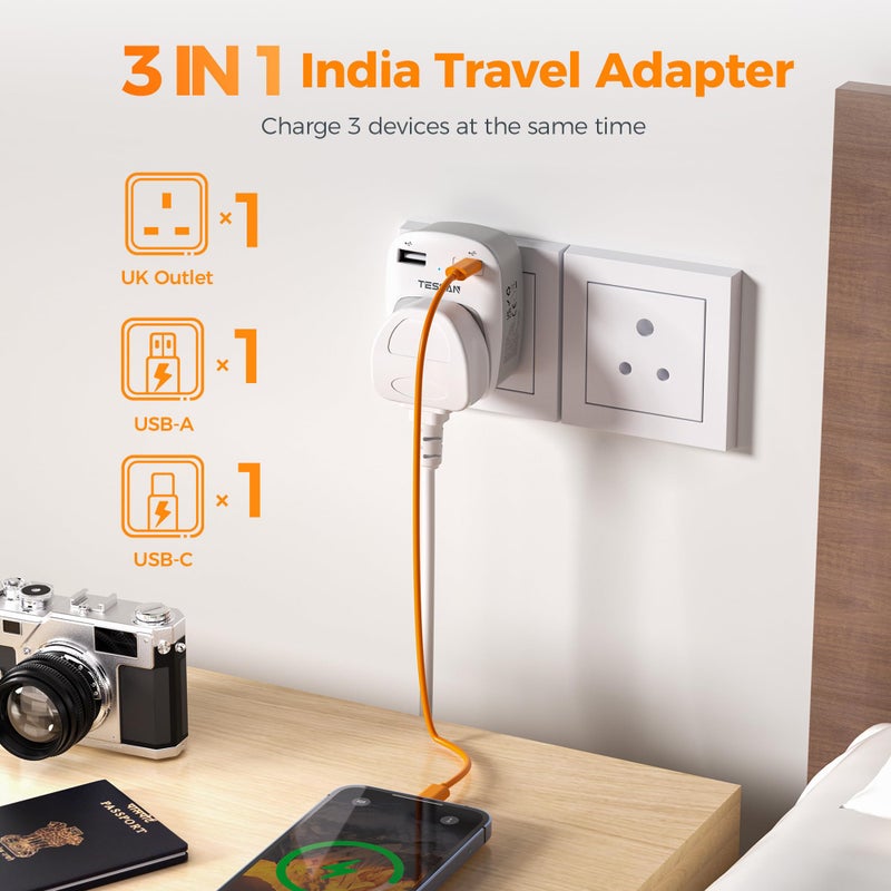 تيسان TESSAN UK to India Plug Adapter, Type D Indian Travel Adapter with USB C - Image 5