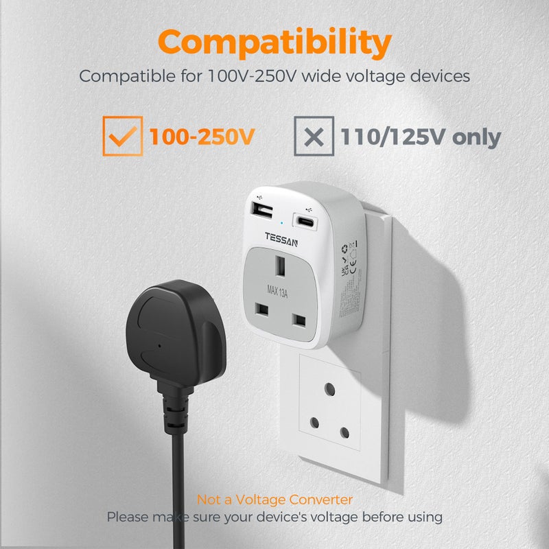 تيسان TESSAN UK to India Plug Adapter, Type D Indian Travel Adapter with USB C - Image 4