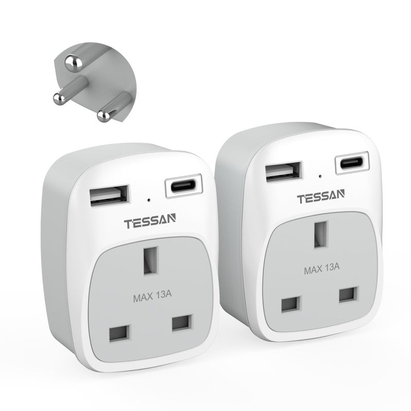 تيسان TESSAN UK to India Plug Adapter, Type D Indian Travel Adapter with USB C - Image 1