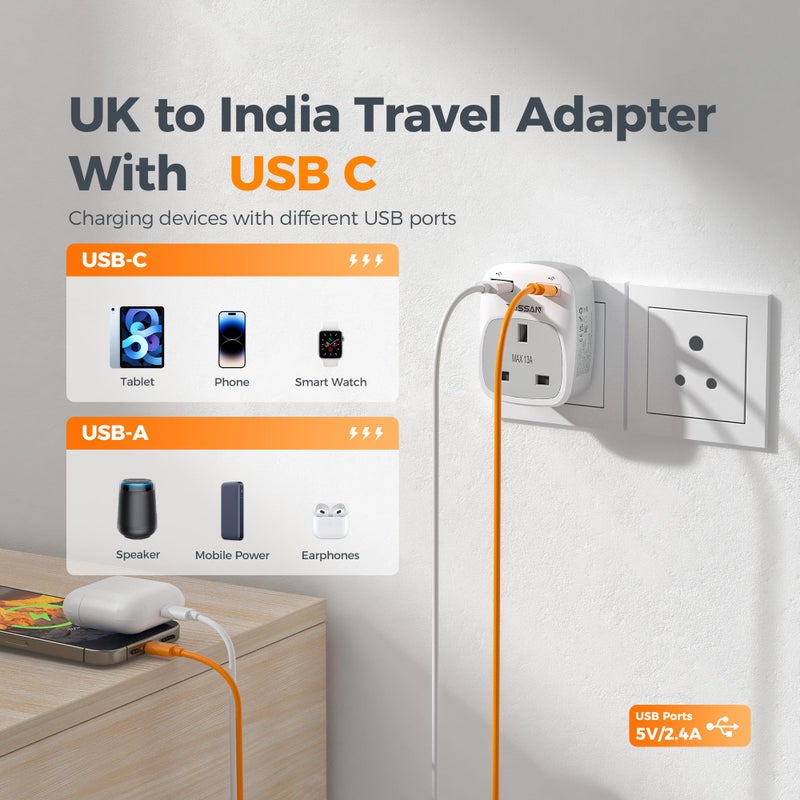 تيسان TESSAN UK to India Plug Adapter, Type D Indian Travel Adapter with USB C - Image 2