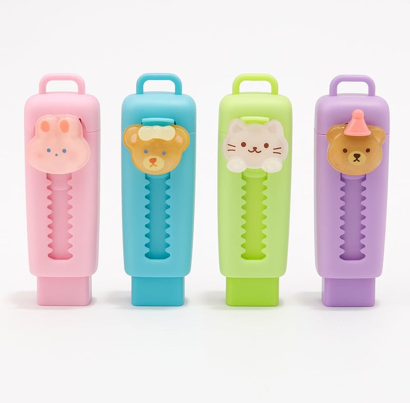 Tresneria Cute Cartoon Animal Eraser Case – Kids Stationery Set with Fun Designs (Pack of 4) (Cute Animal Faces, 9x2.5) - Image 1