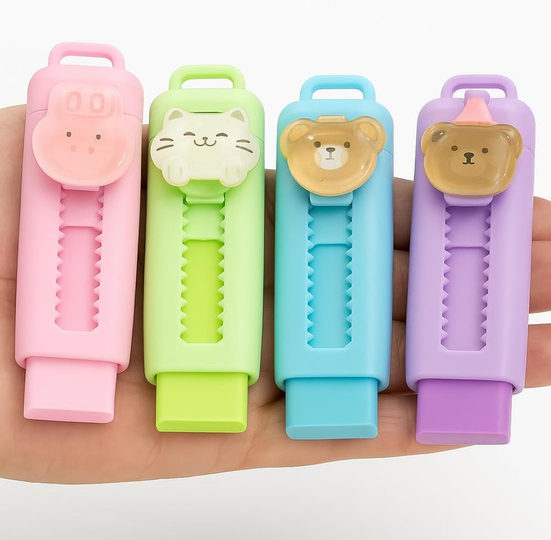 Tresneria Cute Cartoon Animal Eraser Case – Kids Stationery Set with Fun Designs (Pack of 4) (Cute Animal Faces, 9x2.5) - Image 2