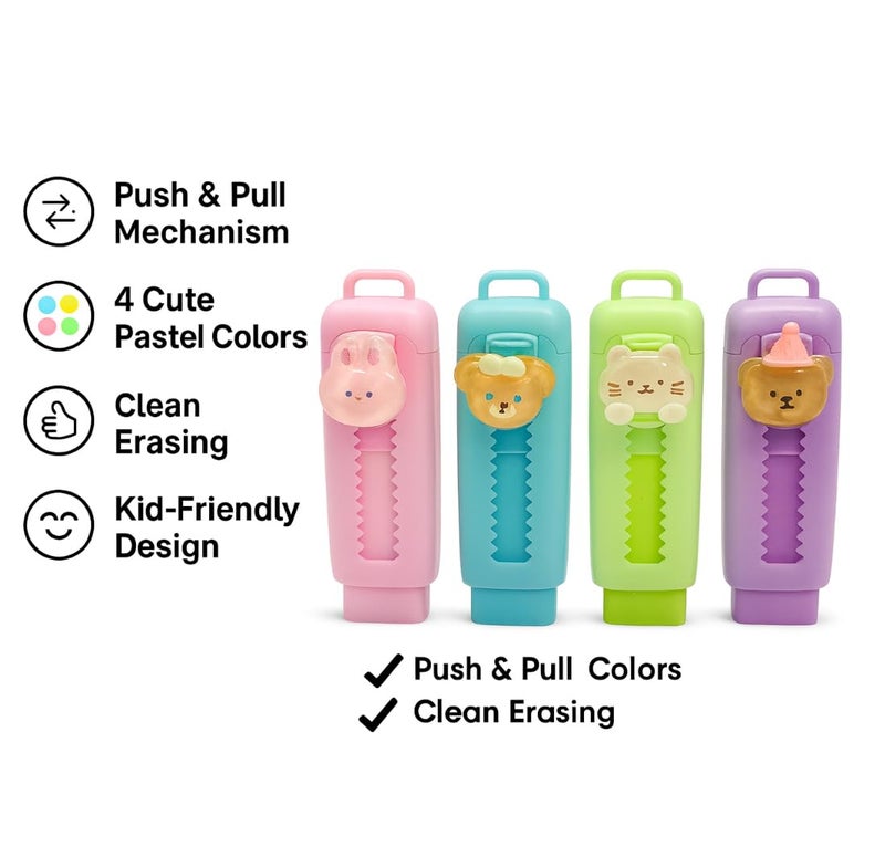 Tresneria Cute Cartoon Animal Eraser Case – Kids Stationery Set with Fun Designs (Pack of 4) (Cute Animal Faces, 9x2.5) - Image 3
