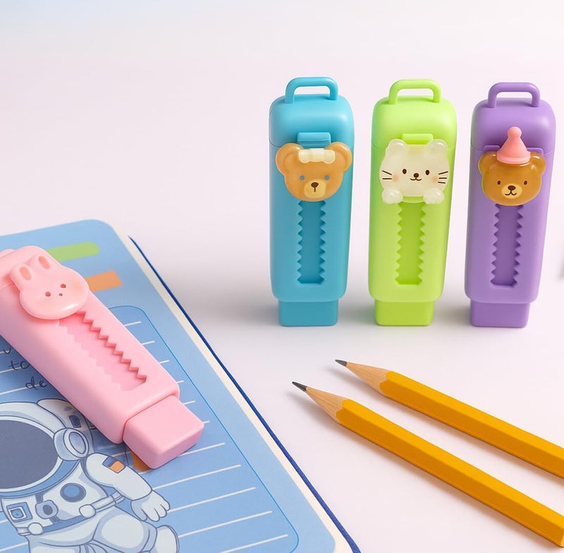 Tresneria Cute Cartoon Animal Eraser Case – Kids Stationery Set with Fun Designs (Pack of 4) (Cute Animal Faces, 9x2.5) - Image 4