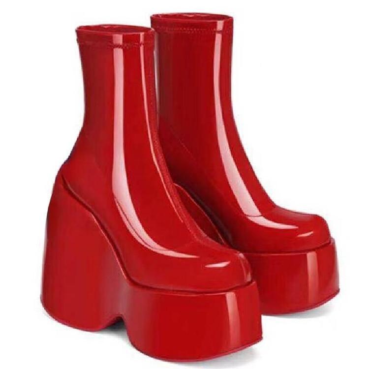 New Thick Bottom Muffin Heel Slope Heel Casual Silver Elastic Boots Side Zipper Short Boots Large Size - Image 4