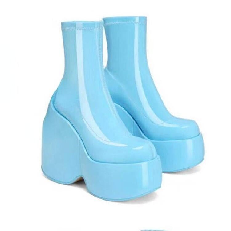 New Thick Bottom Muffin Heel Slope Heel Casual Silver Elastic Boots Side Zipper Short Boots Large Size - Image 1