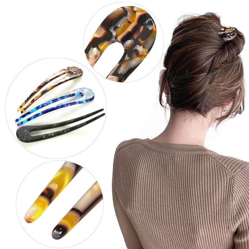 HYFEEL French Hair Forks Tortoise Shell U Shape Updo Hair Pins Clips for Thin Thick Hair, Long Classic 2 Prong Bun Hair Sticks Chignon Women Vintage Hairstyle Accessories, 3 Pack (Blue Brown Black) - Image 5