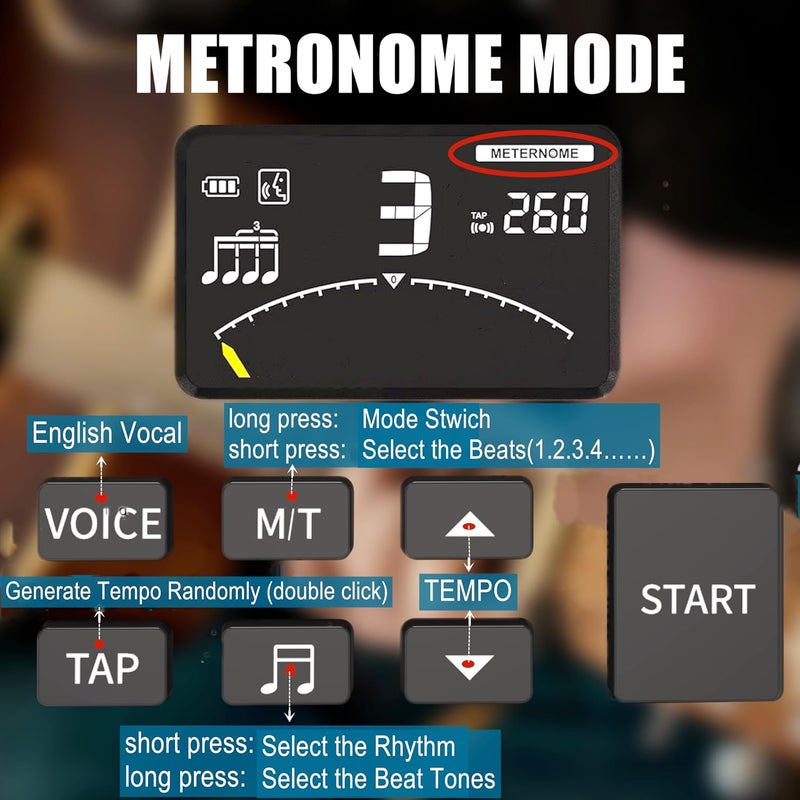 AUPHY Store Metronome Tuner,Fast and Accurate Tuning, Three Beat Sound,English Vocal Counting Beat,Built-in Rechargeable Battery,Suit for Guitar, Bass, Saxophone ect - Image 4