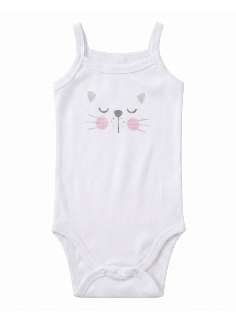 LADI Baby Girl Bodysuit Sleeve Onesie, Cat face - white color - Image 1