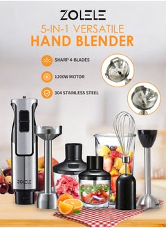 ZOLELE Hand Blender Stainless Steel Blades,5-in-1  Functionality for Blending,Chopping,Whisking,1200W,8 Speeds for Baby Food,Juice HB1200-Sliver/Black  - Image 1