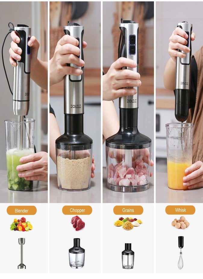ZOLELE Hand Blender Stainless Steel Blades,5-in-1  Functionality for Blending,Chopping,Whisking,1200W,8 Speeds for Baby Food,Juice HB1200-Sliver/Black  - Image 4