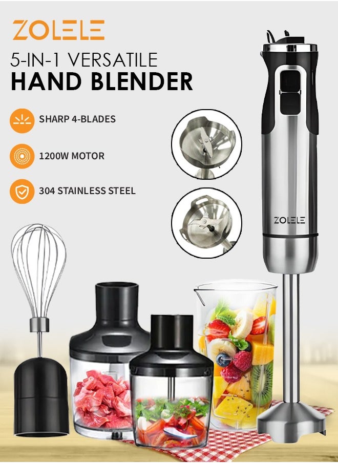 ZOLELE Hand Blender Stainless Steel Blades,5-in-1  Functionality for Blending,Chopping,Whisking,1200W,8 Speeds for Baby Food,Juice HB1200-Sliver/Black  - Image 1
